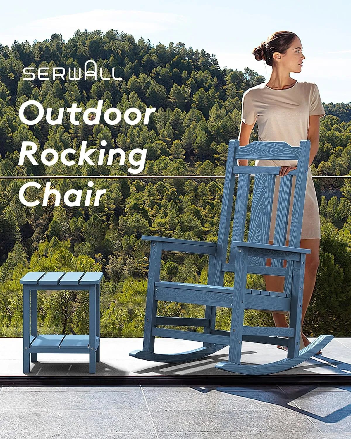 SERWALL Blue Outdoor Rocking Chair Set of 2, All Weather Patio Rocking Chair, HDPE Poly Rocking Chair for Adults, Heavy Duty Front Porch Rocker