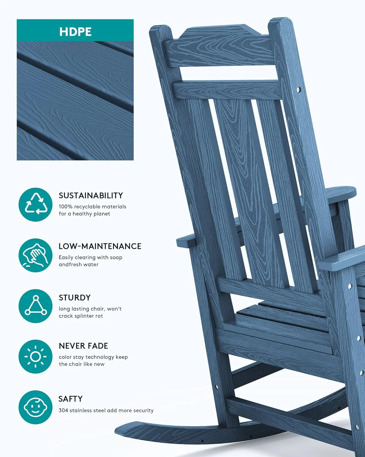 SERWALL Blue Outdoor Rocking Chair Set of 2, All Weather Patio Rocking Chair, HDPE Poly Rocking Chair for Adults, Heavy Duty Front Porch Rocker