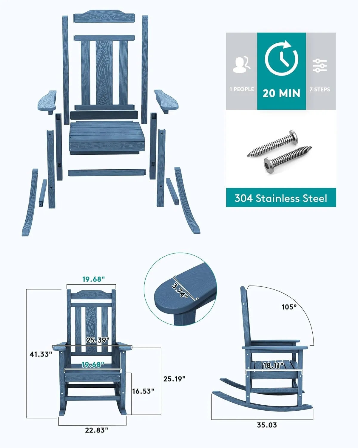 SERWALL Blue Outdoor Rocking Chair Set of 2, All Weather Patio Rocking Chair, HDPE Poly Rocking Chair for Adults, Heavy Duty Front Porch Rocker