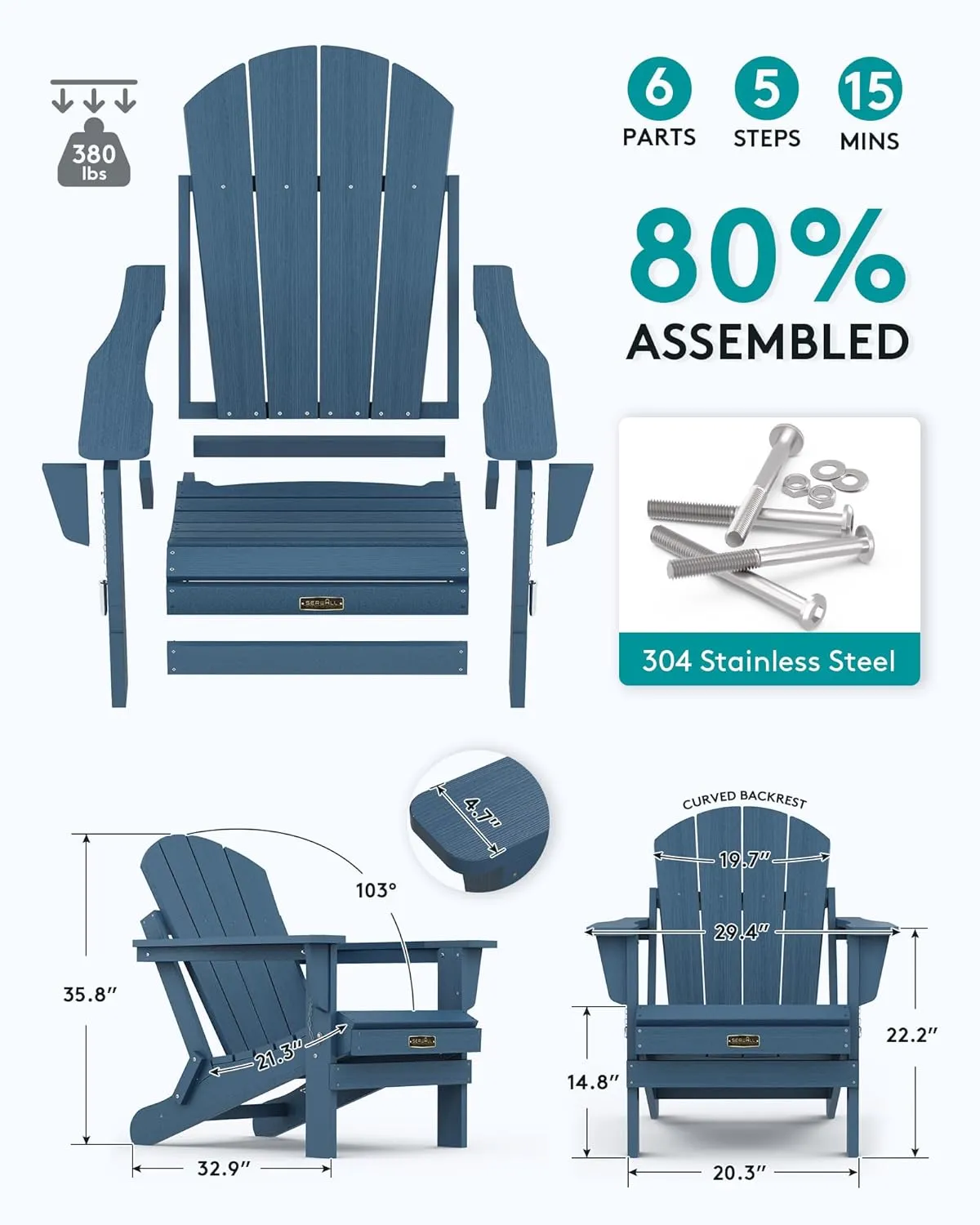 SERWALL Foldable Adirondack Chair Set of 4 for Patio Garden Outdoors Fire Pit-Ocean Blue