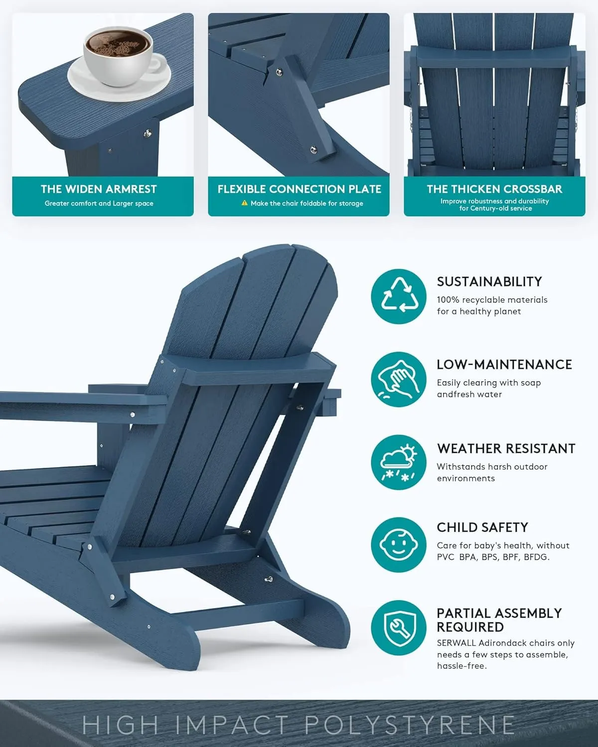 SERWALL Foldable Adirondack Chair Set of 4 for Patio Garden Outdoors Fire Pit-Ocean Blue