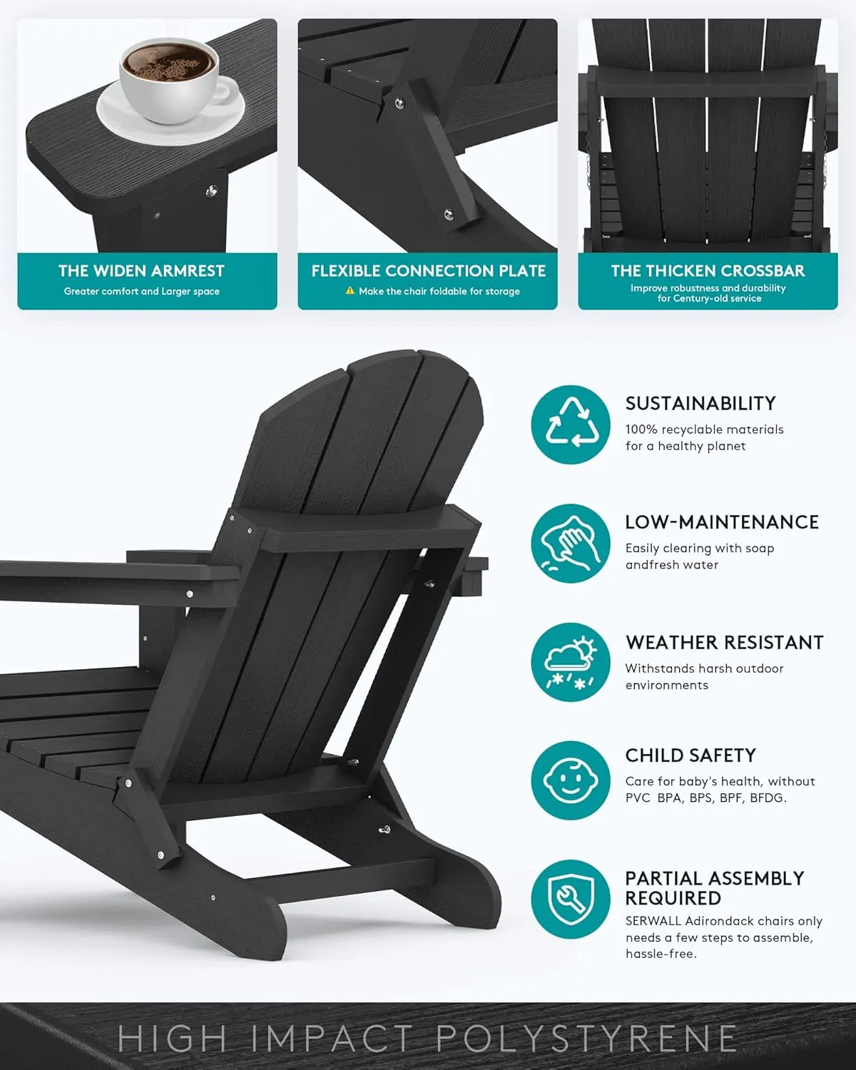 SERWALL Folding Adirondack Chairs Patio Chairs Lawn Chair Outdoor Weather Resistant for Patio Garden, Backyard Deck, Fire Pit - Black