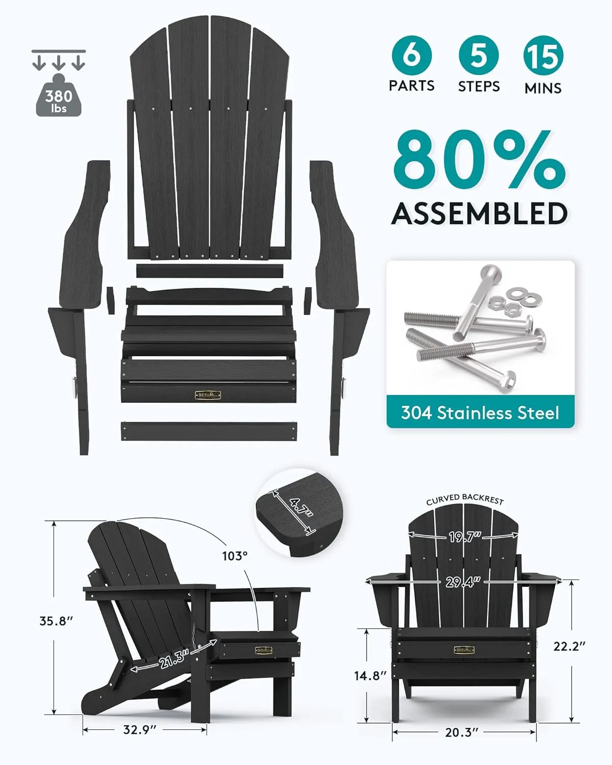 SERWALL Folding Adirondack Chairs Patio Chairs Lawn Chair Outdoor Weather Resistant for Patio Garden, Backyard Deck, Fire Pit - Black