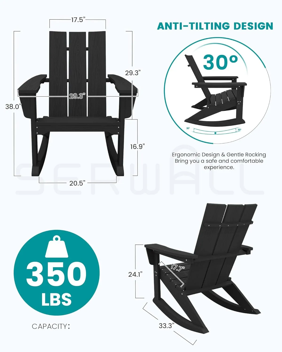 SERWALL Modern Outdoor Rocking Chair Set of 2, All Weather Adirondack Rocking Chair for Patio, Porch, Garden, Backyard, Black