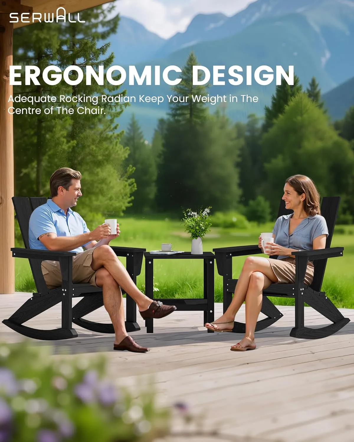 SERWALL Modern Outdoor Rocking Chair Set of 2, All Weather Adirondack Rocking Chair for Patio, Porch, Garden, Backyard, Black