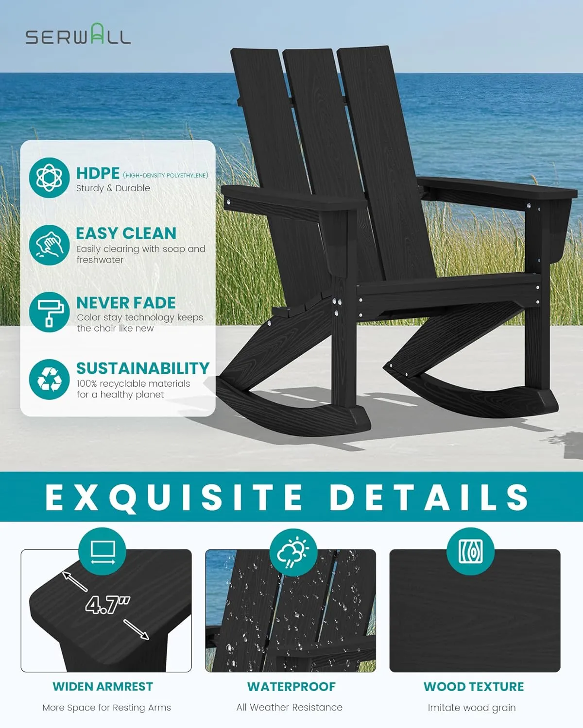 SERWALL Modern Outdoor Rocking Chair Set of 2, All Weather Adirondack Rocking Chair for Patio, Porch, Garden, Backyard, Black