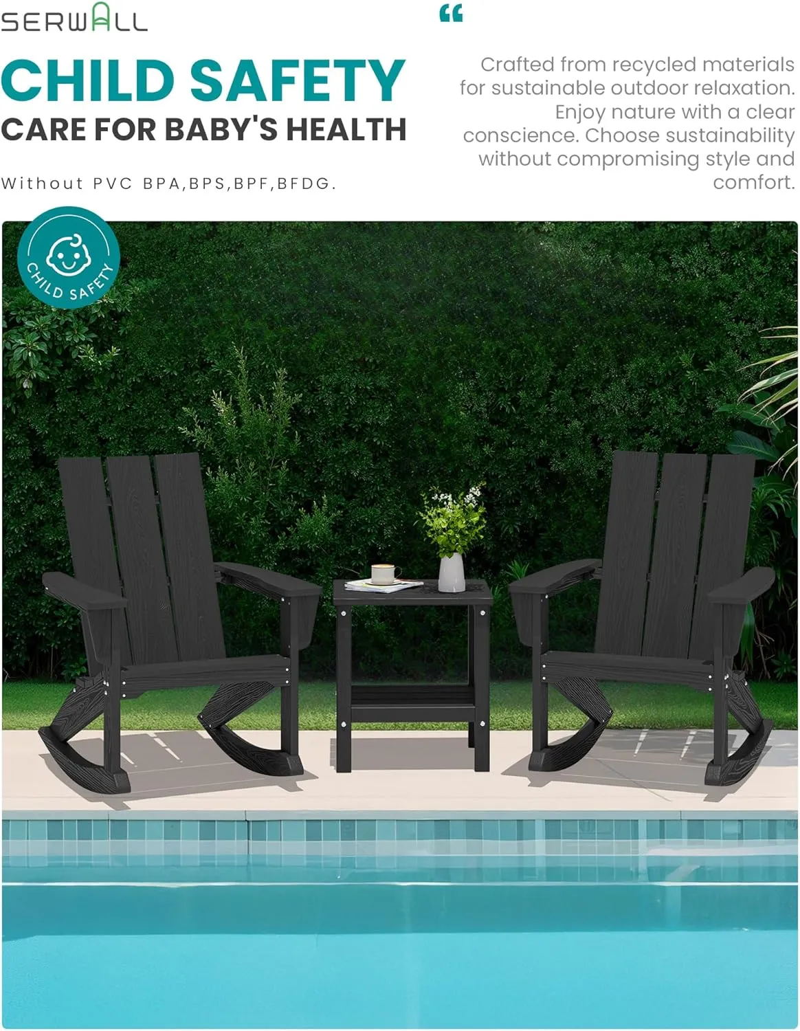SERWALL Modern Outdoor Rocking Chair Set of 2, All Weather Adirondack Rocking Chair for Patio, Porch, Garden, Backyard, Black