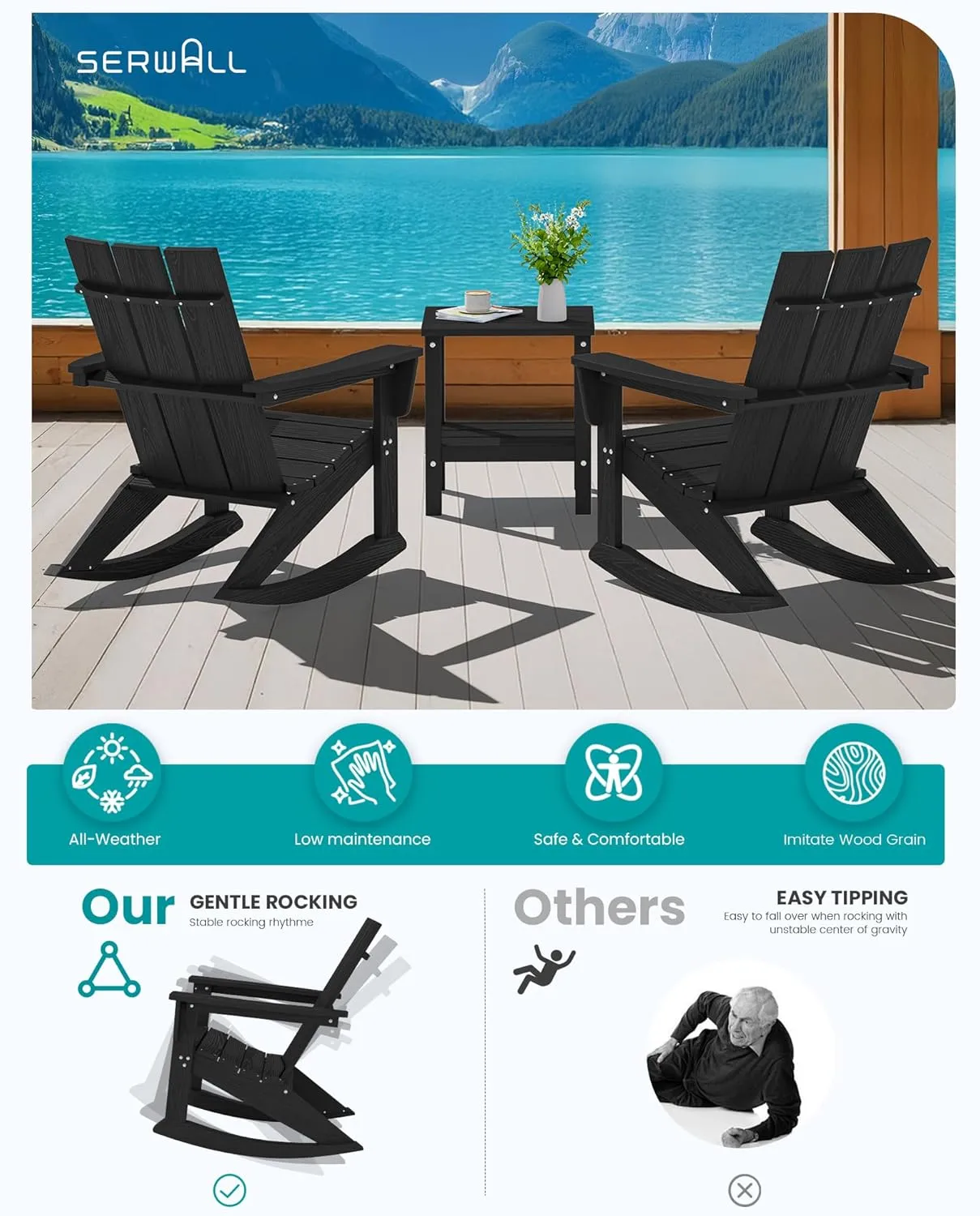SERWALL Modern Outdoor Rocking Chair Set of 2, All Weather Adirondack Rocking Chair for Patio, Porch, Garden, Backyard, Black