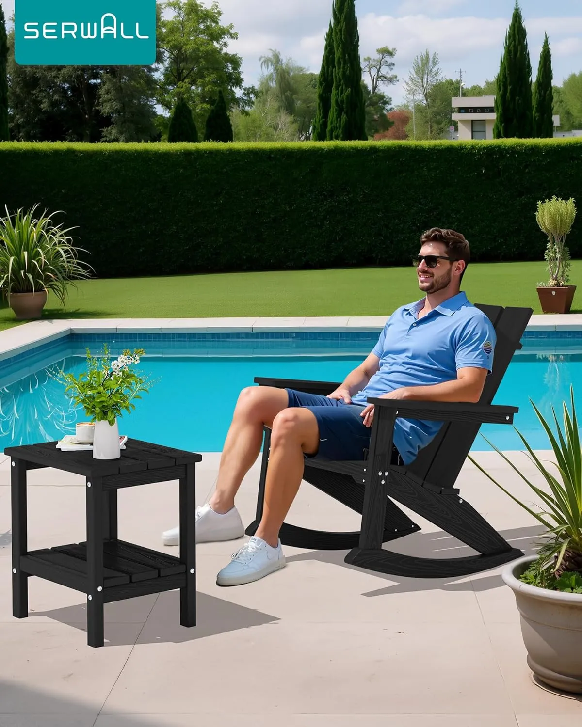 SERWALL Modern Outdoor Rocking Chair Set of 2, All Weather Adirondack Rocking Chair for Patio, Porch, Garden, Backyard, Black