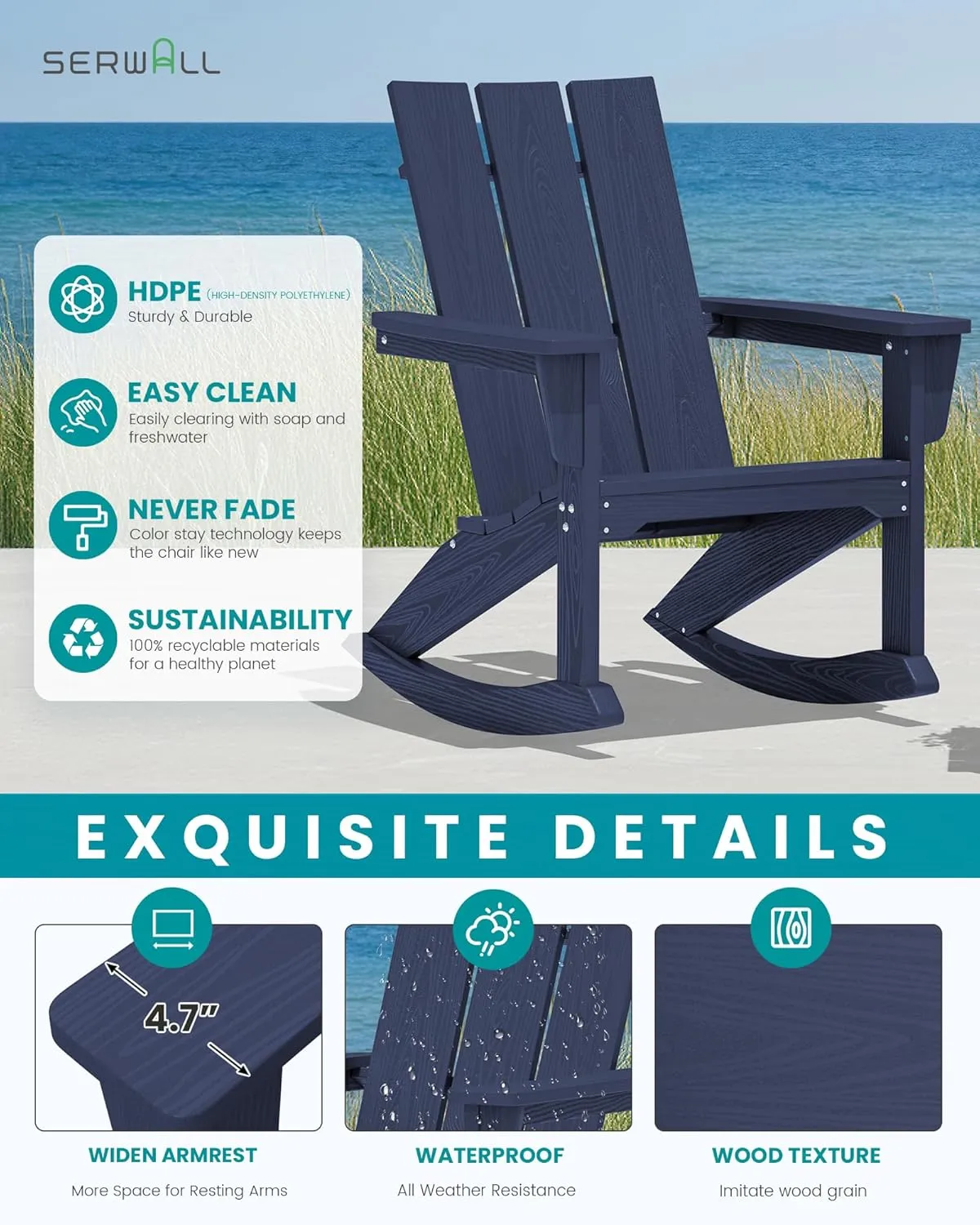 SERWALL Modern Outdoor Rocking Chair Set of 2, All Weather Rocking Adirondack Chair for Patio, Porch, Garden, Backyard, Blue