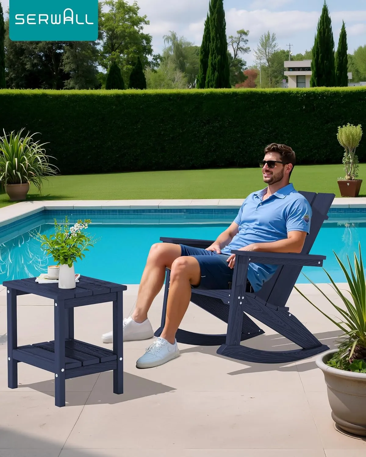 SERWALL Modern Outdoor Rocking Chair Set of 2, All Weather Rocking Adirondack Chair for Patio, Porch, Garden, Backyard, Blue