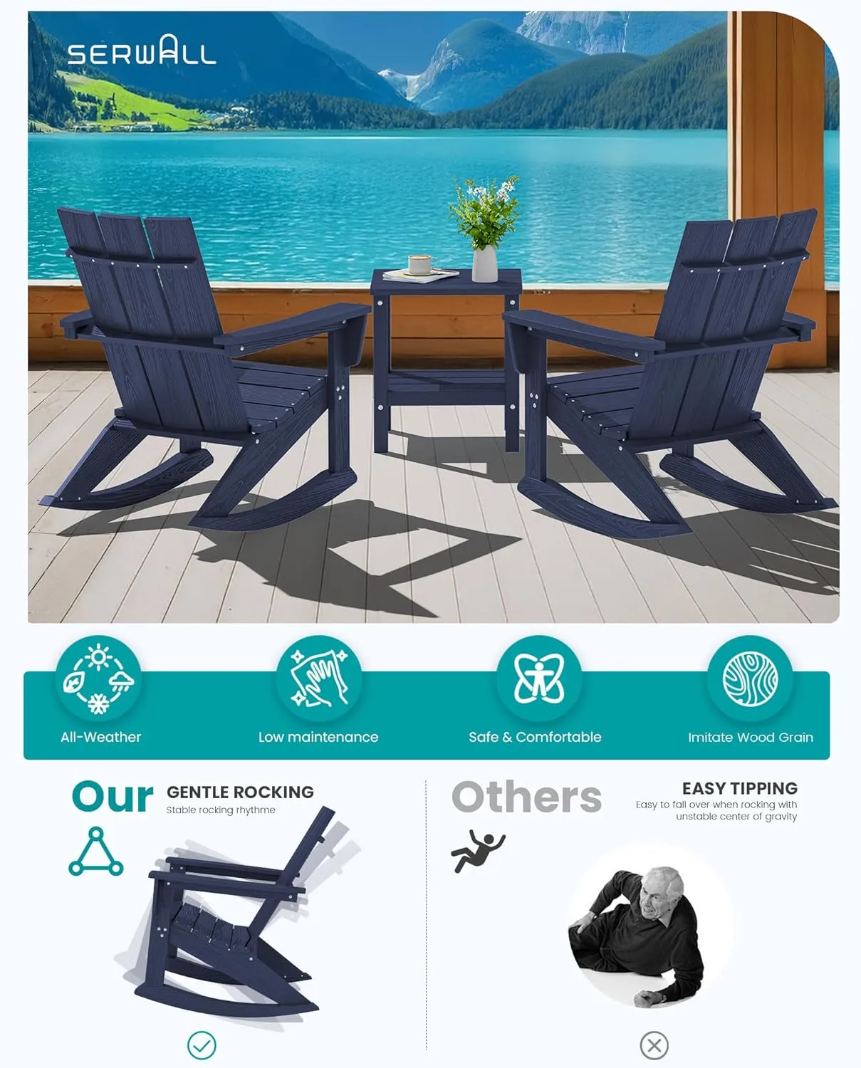 SERWALL Modern Outdoor Rocking Chair Set of 2, All Weather Rocking Adirondack Chair for Patio, Porch, Garden, Backyard, Blue