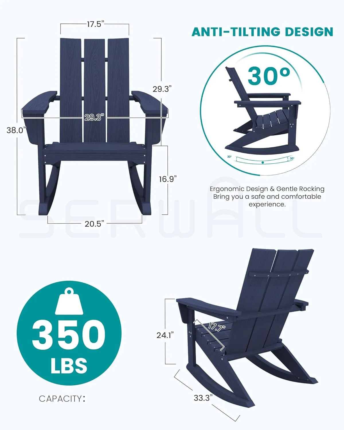 SERWALL Modern Outdoor Rocking Chair Set of 2, All Weather Rocking Adirondack Chair for Patio, Porch, Garden, Backyard, Blue