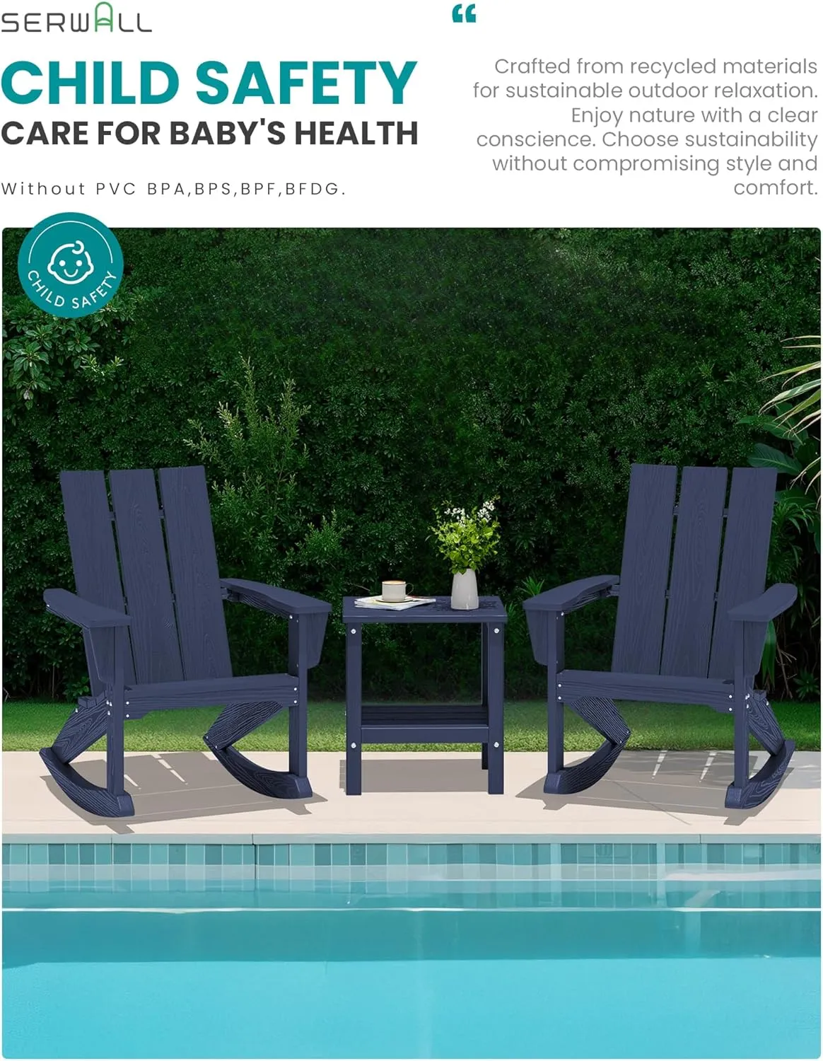SERWALL Modern Outdoor Rocking Chair Set of 2, All Weather Rocking Adirondack Chair for Patio, Porch, Garden, Backyard, Blue
