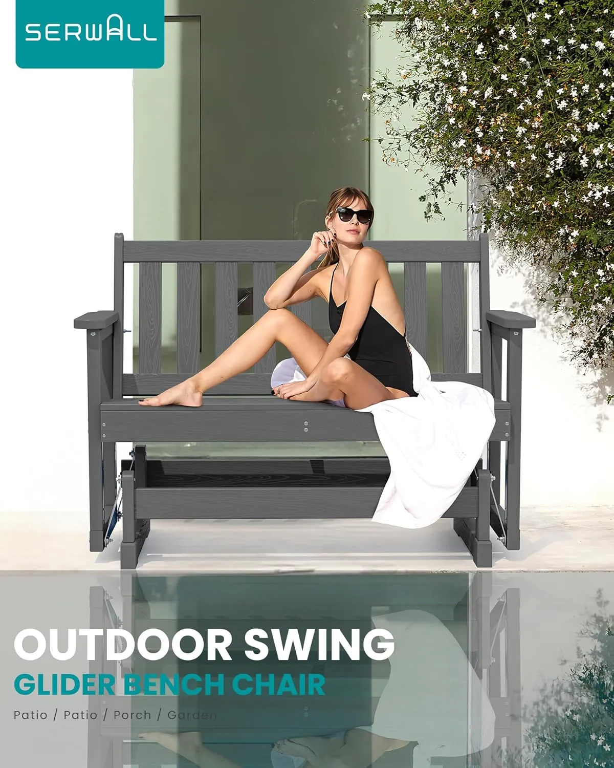 SERWALL Outdoor Glider Rocking Chair, HDPE All-Weather Resistant 2-Person Loveseat, Outdoor Rocking Bench Chair with 660LBS Capacity for Backyard Garden Porch, Grey