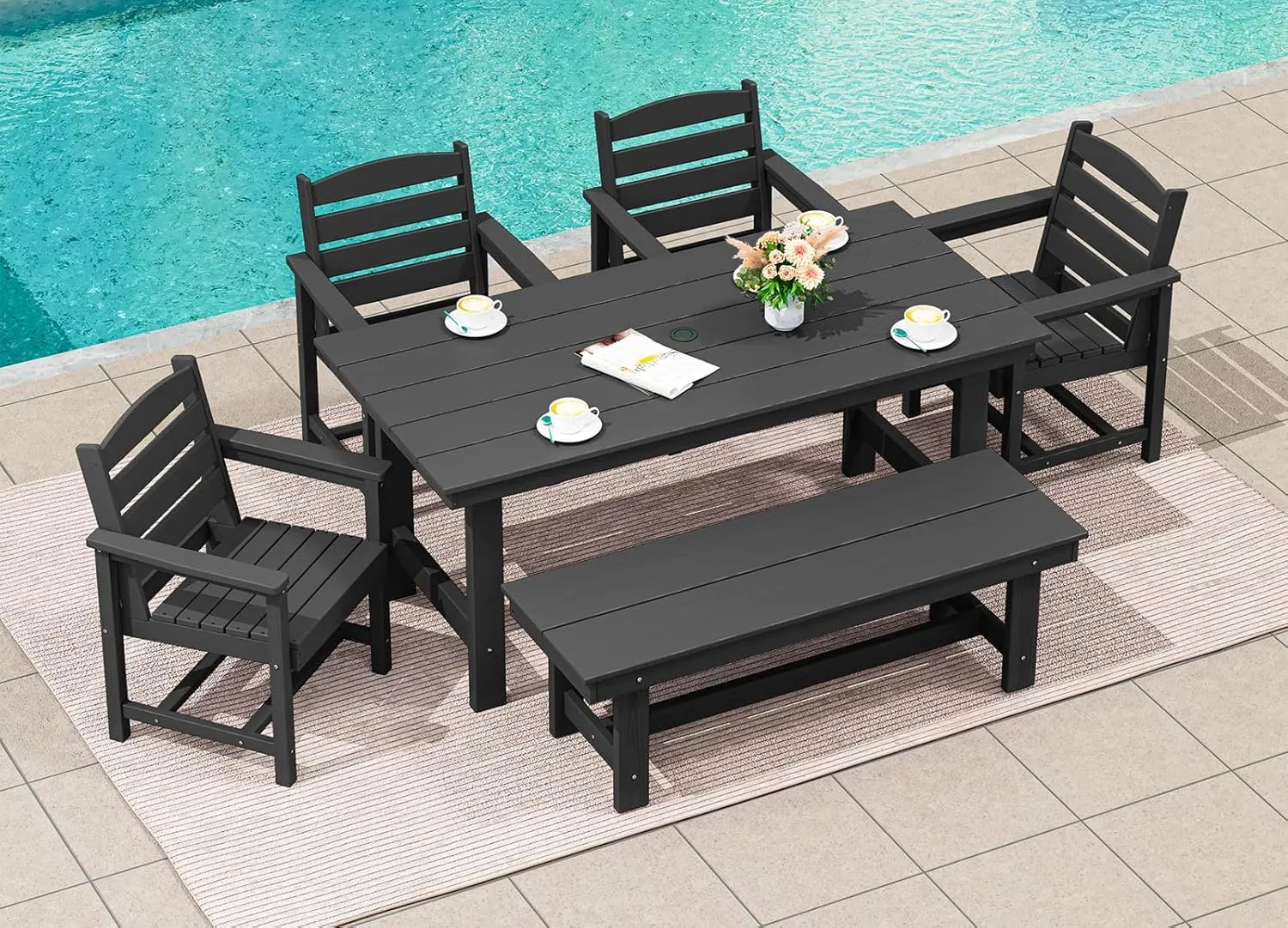 SERWALL Patio Dining Table and Bench Set for 6, Black