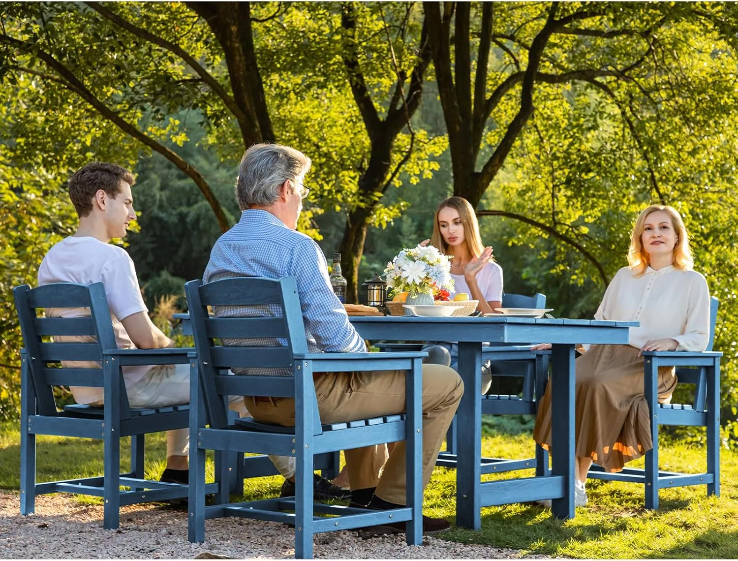 SERWALL Patio Table Set, Outdoor HDPE Dining Furniture with Umbrella Hole, All Weather for Lawn, Garden, Backyard, Poolside, Blue