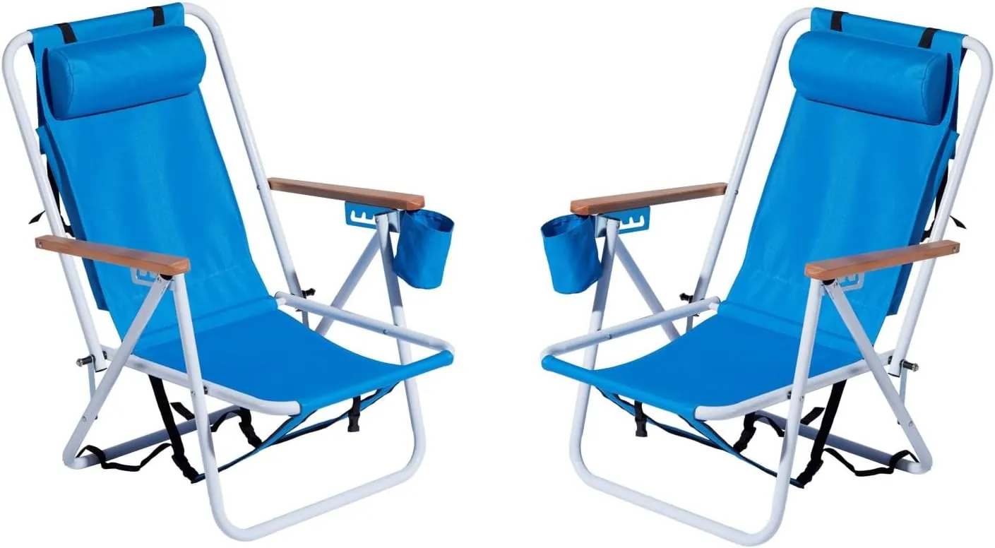 Set of 2 Folding Beach Chairs for Adults, 4 Position Portable Backpack Foldable Camping Chairs, Heavy Duty Beach Chair, Foldable Camping Lawn Chairs for Beach Trips, Blue