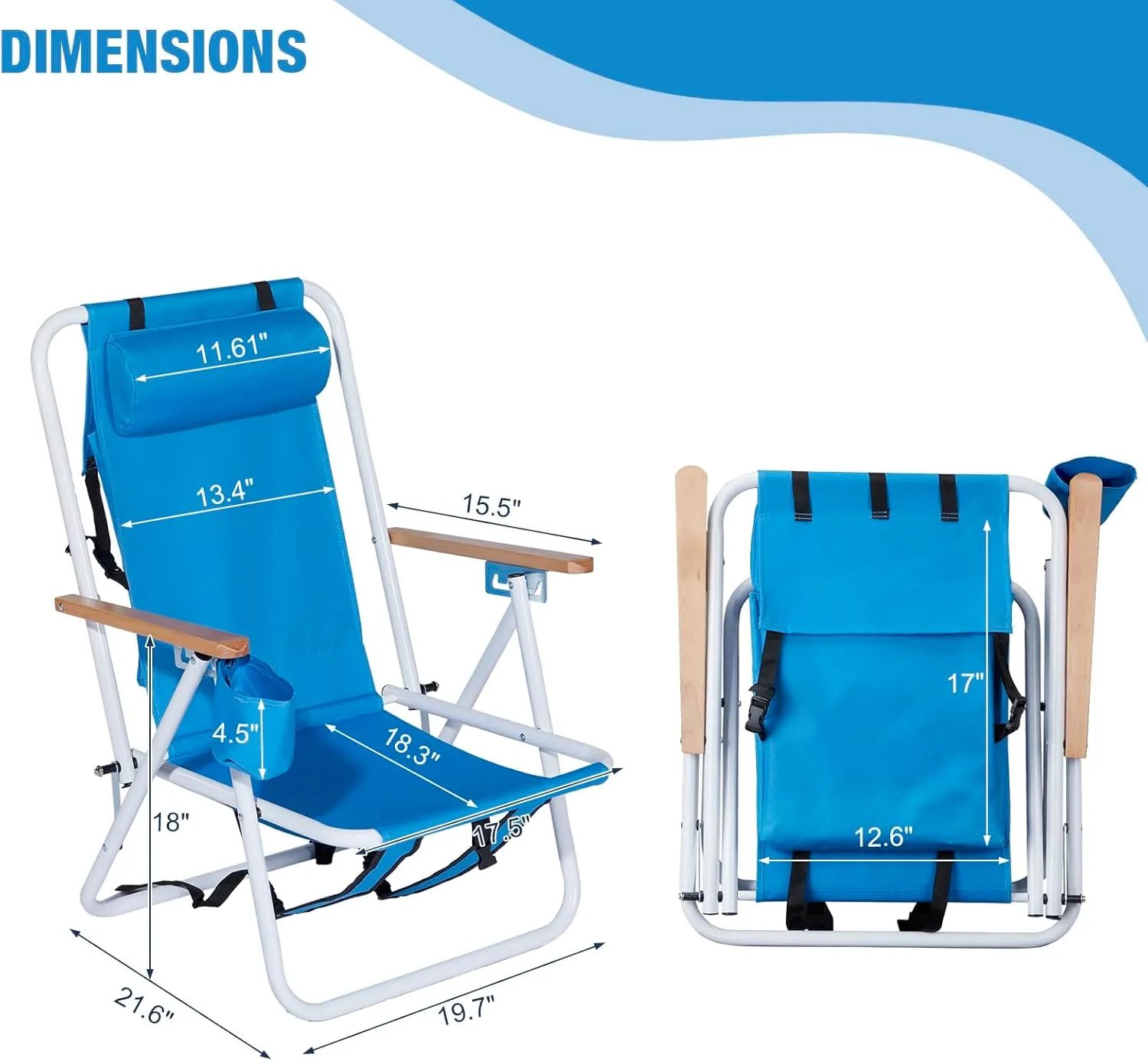 Set of 2 Folding Beach Chairs for Adults, 4 Position Portable Backpack Foldable Camping Chairs, Heavy Duty Beach Chair, Foldable Camping Lawn Chairs for Beach Trips, Blue