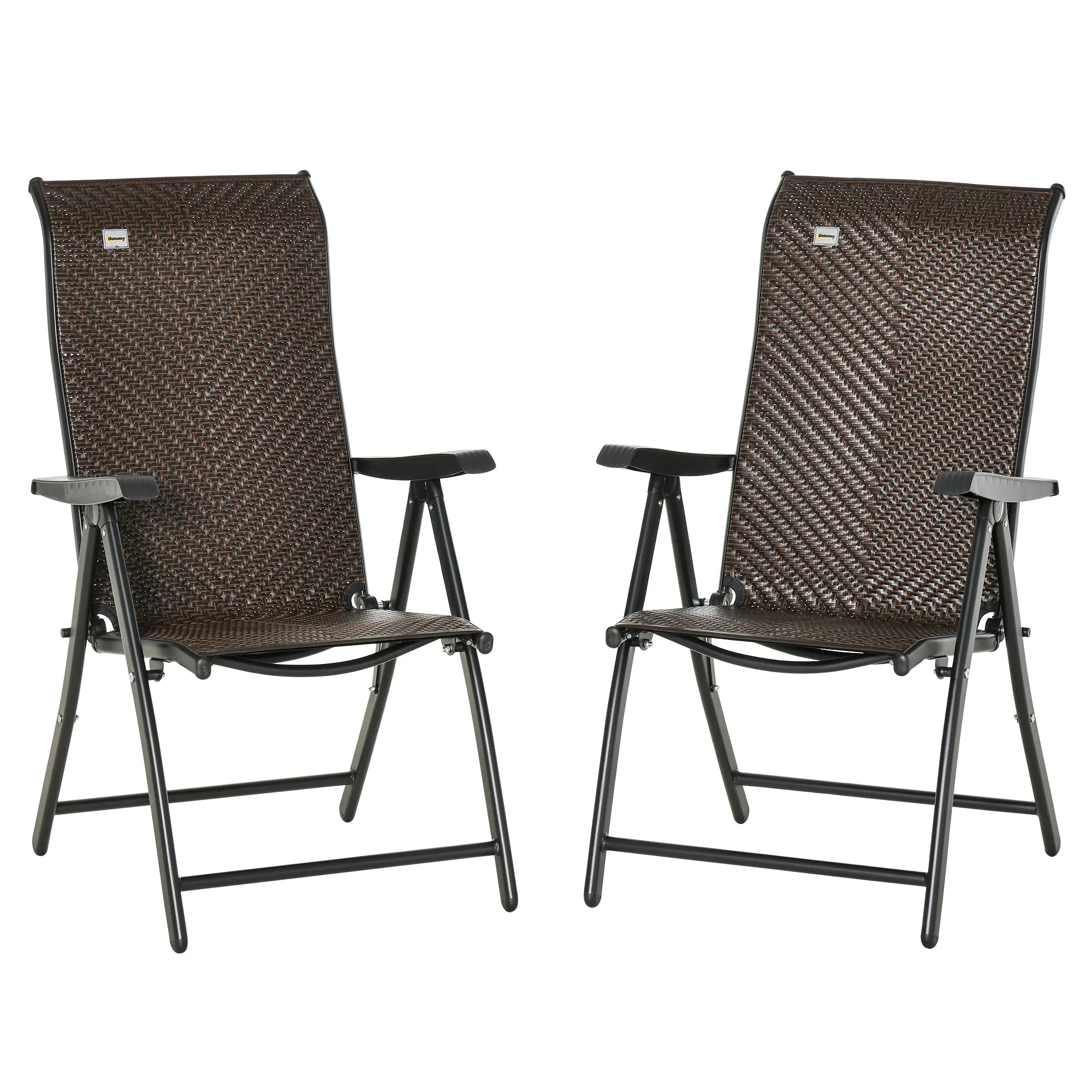 Set of 2 Outdoor Wicker Folding Chairs, Patio PE Rattan Dining Armrests Chair set with 7 Levels Adjustable Backrest, for Outdoors, Camping, Brown