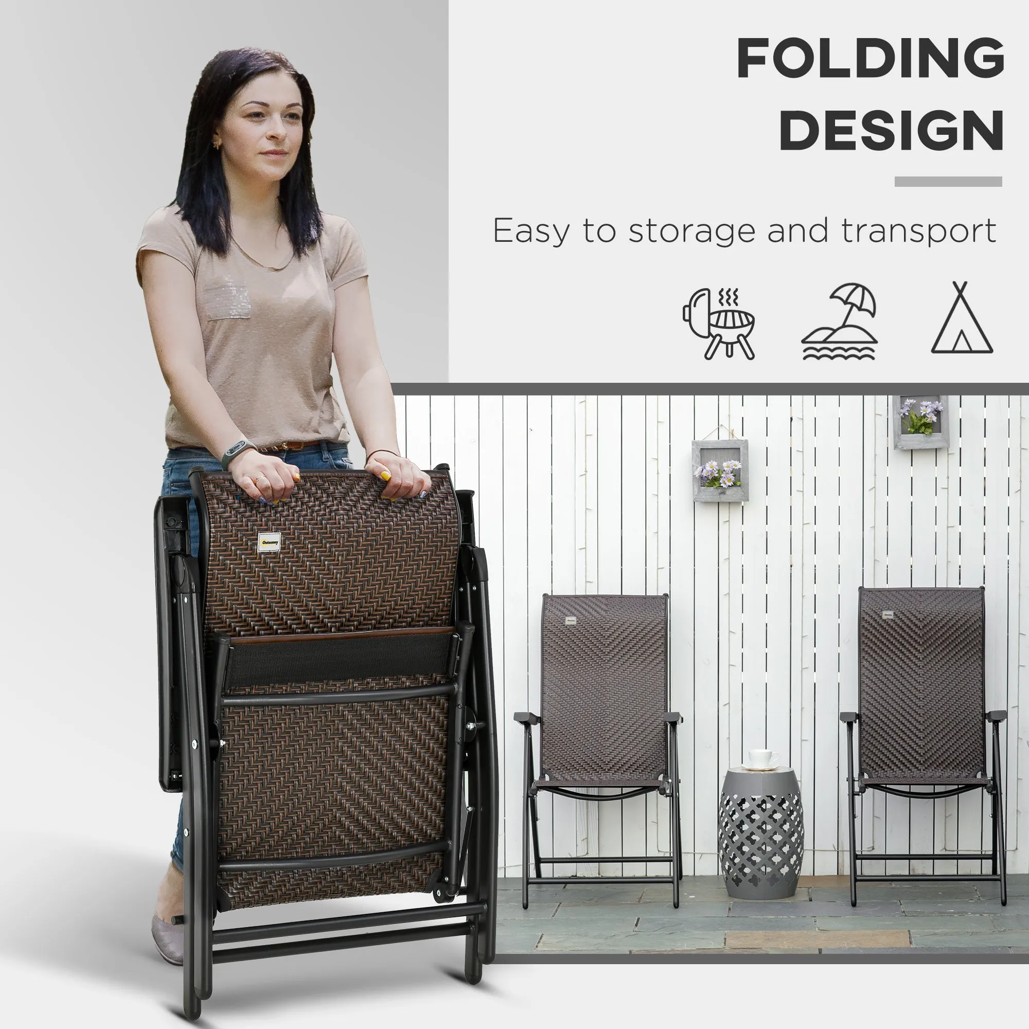 Set of 2 Outdoor Wicker Folding Chairs, Patio PE Rattan Dining Armrests Chair set with 7 Levels Adjustable Backrest, for Outdoors, Camping, Brown