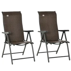 Set of 2 Outdoor Wicker Folding Chairs, Patio PE Rattan Dining Armrests Chair set with 7 Levels Adjustable Backrest, for Outdoors, Camping, Brown