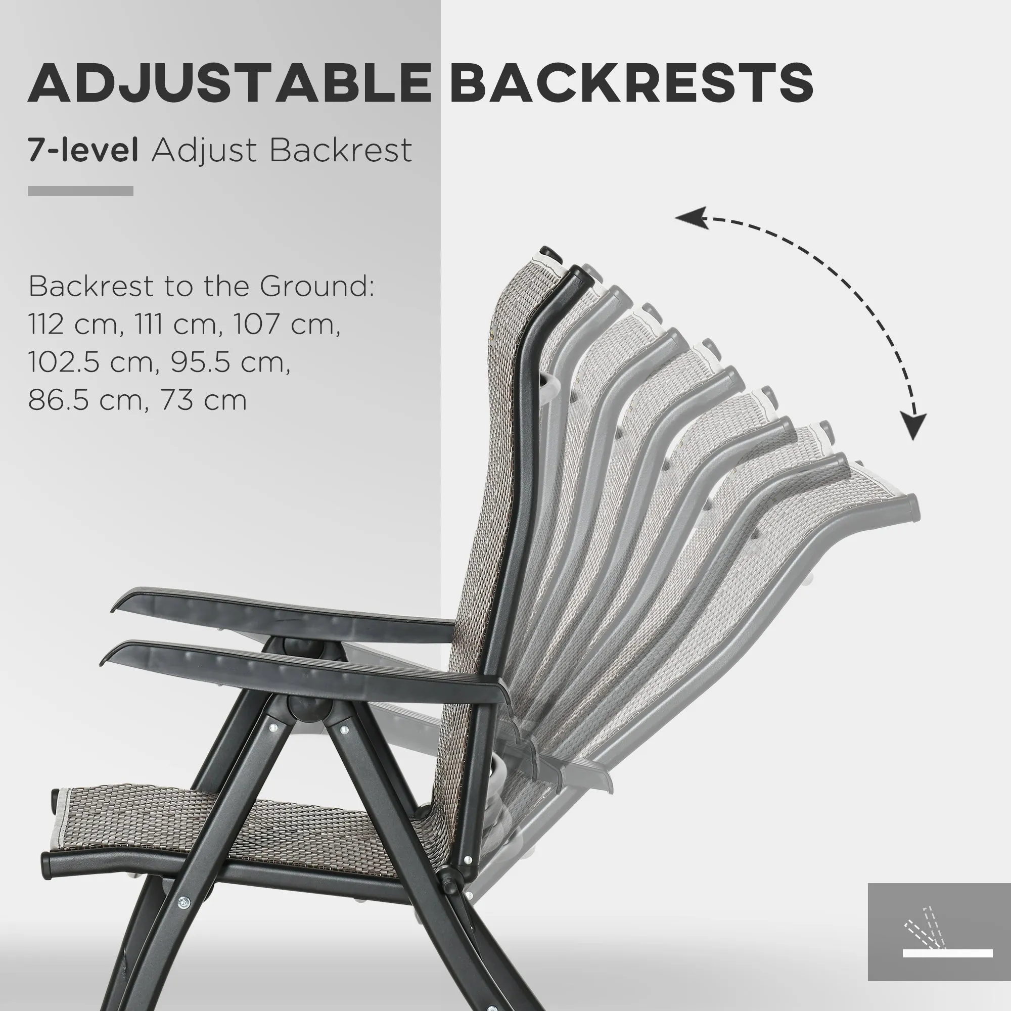 Set of 2 Outdoor Wicker Folding Chairs, Patio PE Rattan Dining Armrests Chair set with 7 Levels Adjustable Backrest, for Outdoors, Camping, Brown