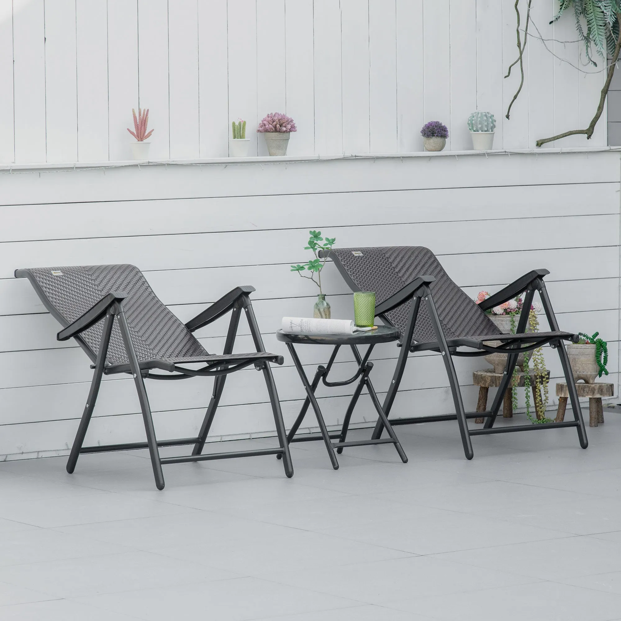 Set of 2 Outdoor Wicker Folding Chairs, Patio PE Rattan Dining Armrests Chair set with 7 Levels Adjustable Backrest, for Outdoors, Camping, Brown