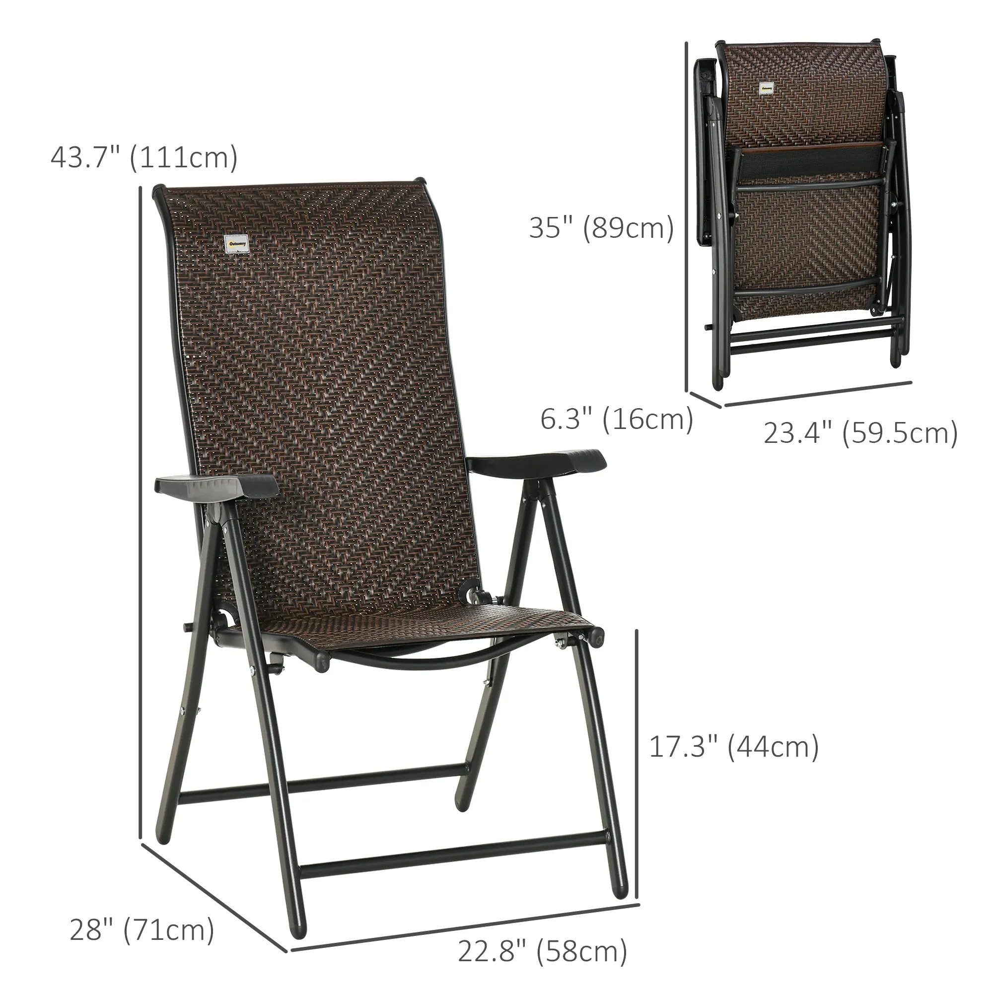 Set of 2 Outdoor Wicker Folding Chairs, Patio PE Rattan Dining Armrests Chair set with 7 Levels Adjustable Backrest, for Outdoors, Camping, Brown
