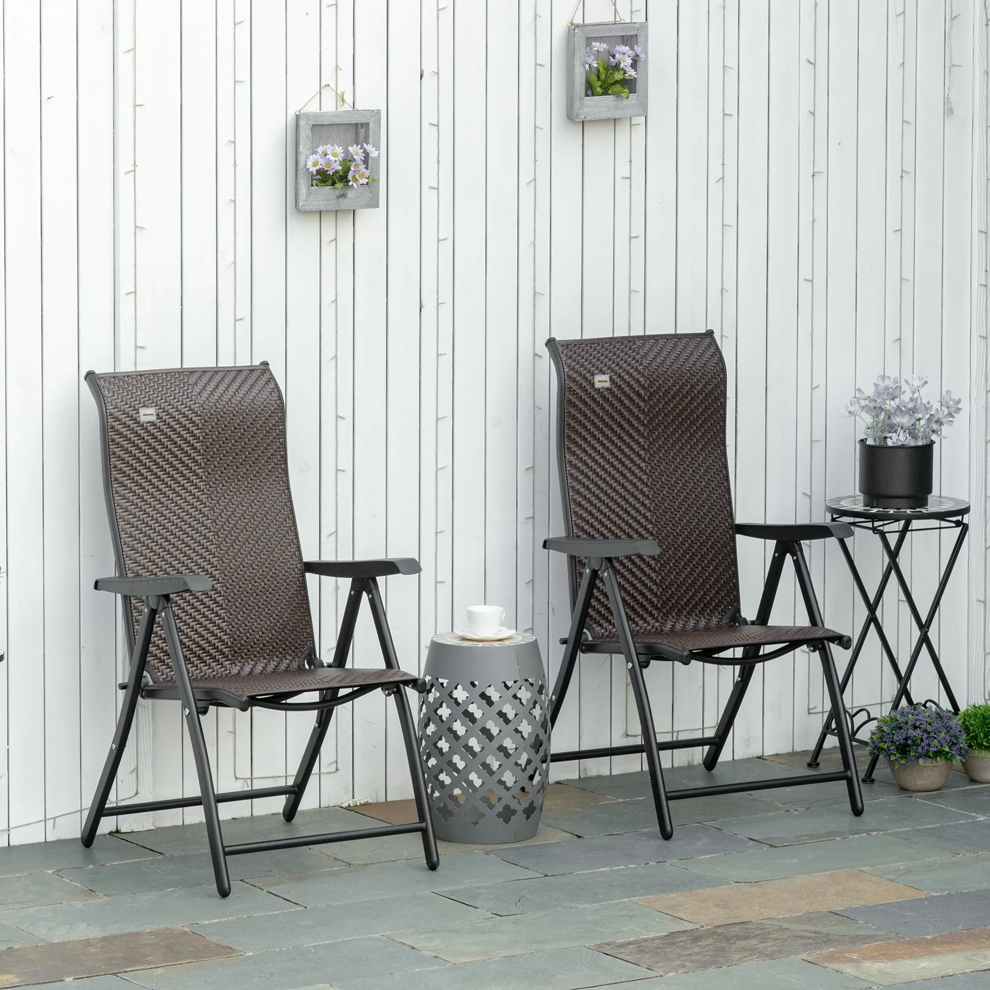 Set of 2 Outdoor Wicker Folding Chairs, Patio PE Rattan Dining Armrests Chair set with 7 Levels Adjustable Backrest, for Outdoors, Camping, Brown