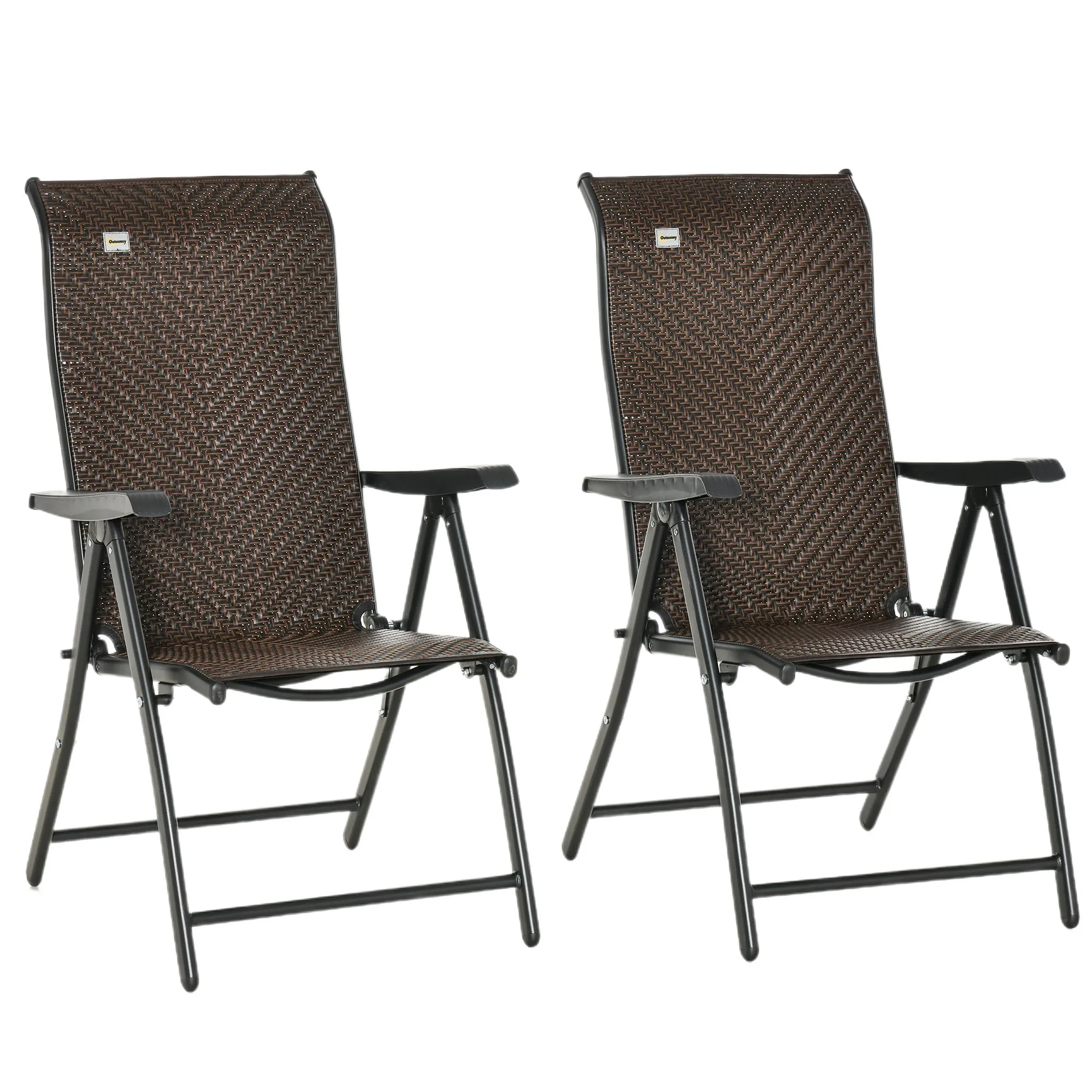 Set of 2 Outdoor Wicker Folding Chairs, Patio PE Rattan Dining Armrests Chair set with 7 Levels Adjustable Backrest, for Outdoors, Camping, Brown