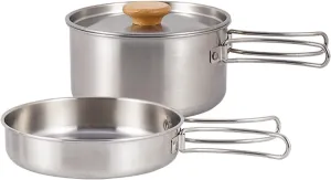Set Outdoor Soup Pots Frying Pan Foldable Handle Camping Cookware Stainless Steel Backpacking Supplies