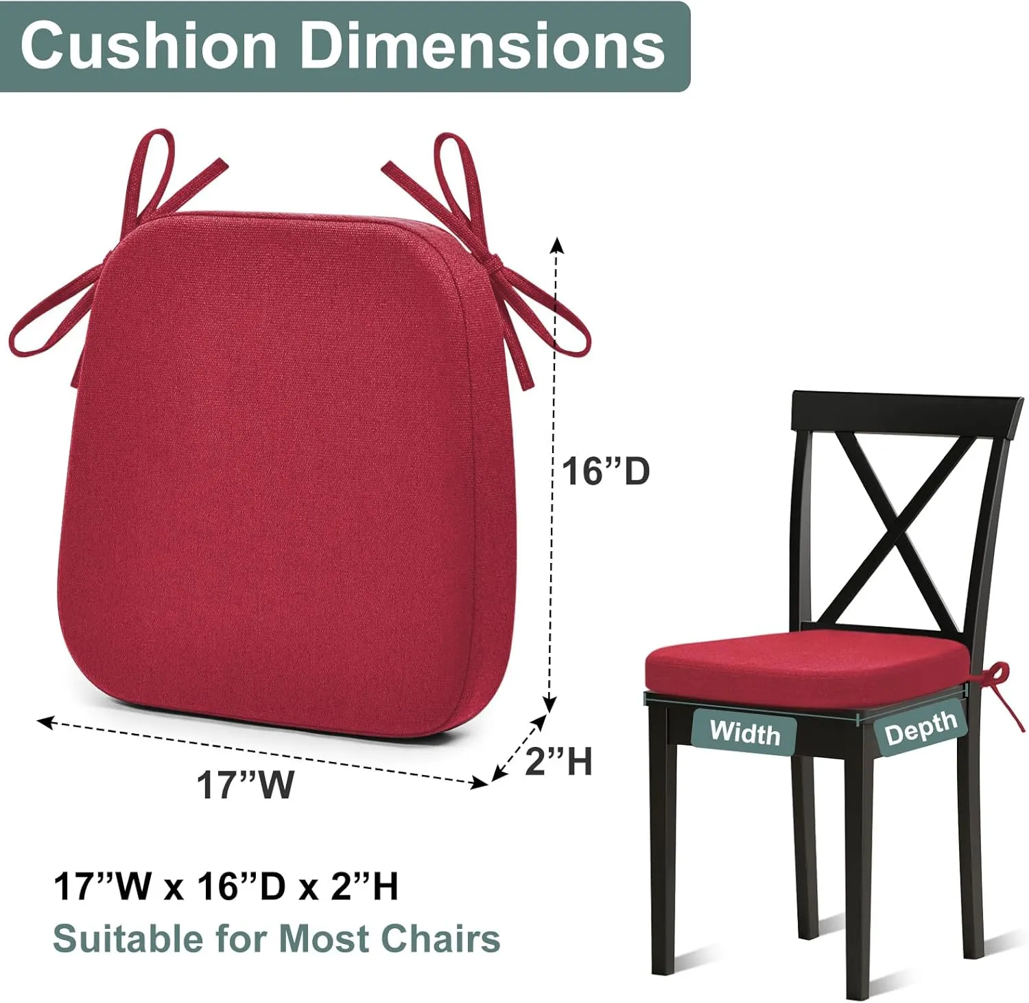 Shinnwa Dining Chair Cushions, Patented Design Memory Foam Kitchen Chair Pads with Ties and Washable Cover, 17" x 16" x 2", Burgundy