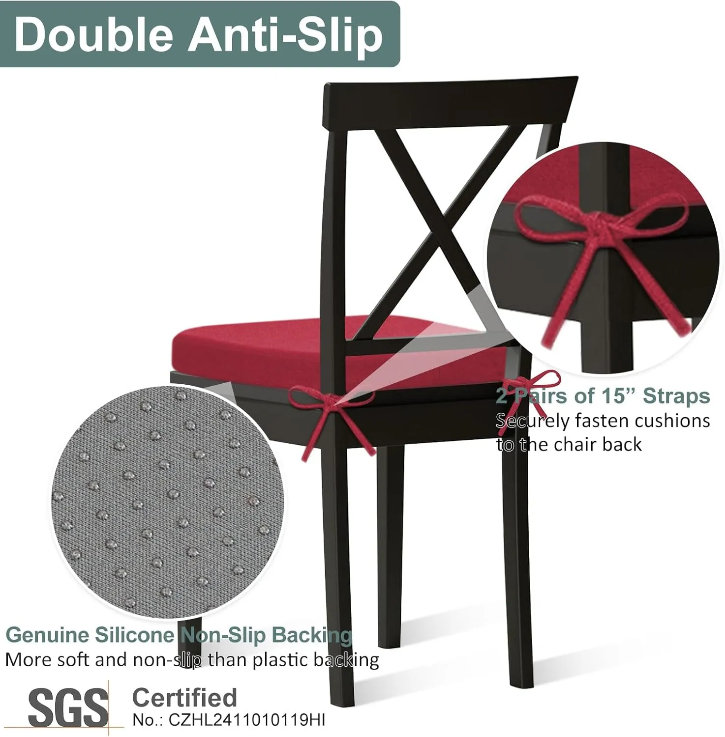 Shinnwa Dining Chair Cushions, Patented Design Memory Foam Kitchen Chair Pads with Ties and Washable Cover, 17" x 16" x 2", Burgundy