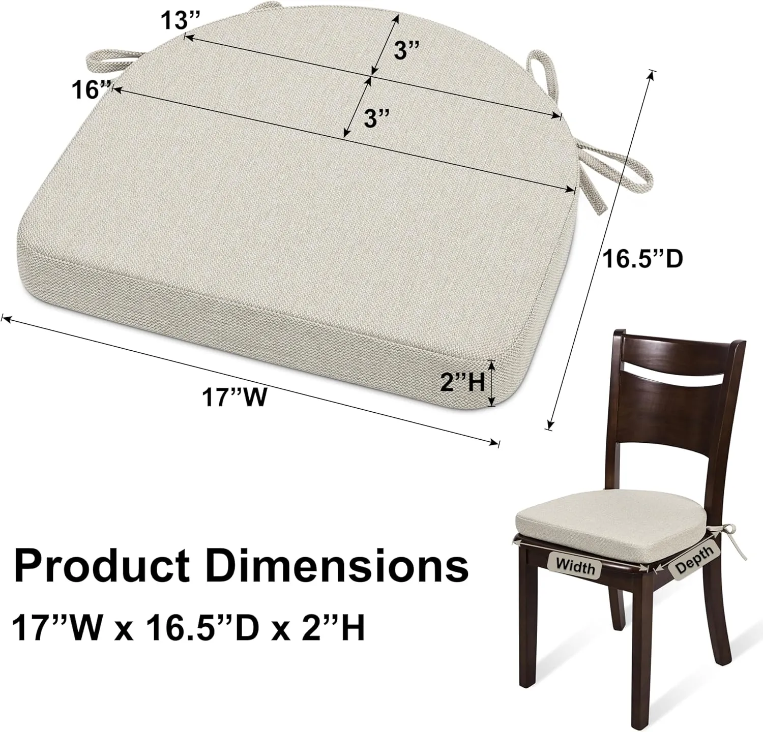 Shinnwa Dining Chair Cushions Set of 2, Non-Slip Kitchen Chair Cushions with Ties and Machine Washable Cover, 2 Pack, 17 x 16.5 x 2in, Beige