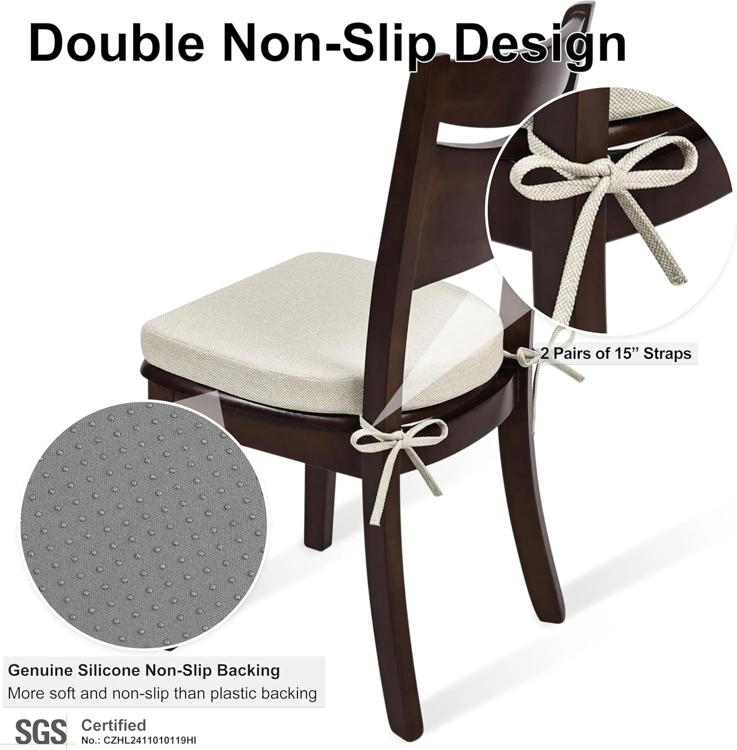 Shinnwa Dining Chair Cushions Set of 2, Non-Slip Kitchen Chair Cushions with Ties and Machine Washable Cover, 2 Pack, 17 x 16.5 x 2in, Beige