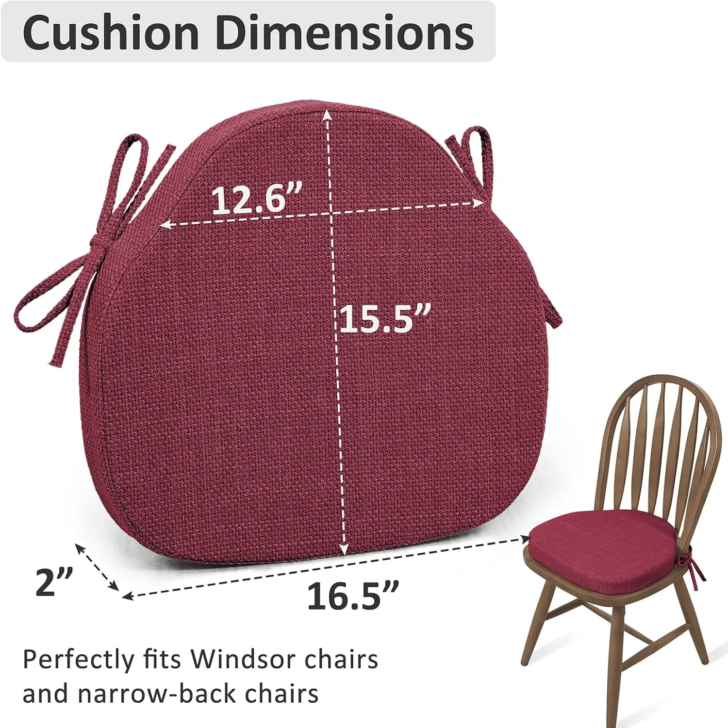 Shinnwa Dining Chair Cushions Set of 4, High-Resilience Foam Windsor Seat Pads, Kitchen Chair Cushions with Ties & Textured Cover, 4 Pack, 16.5 x 15.5 x 2, Dark Red