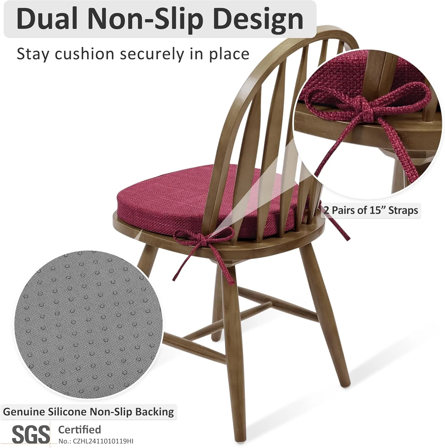 Shinnwa Dining Chair Cushions Set of 4, High-Resilience Foam Windsor Seat Pads, Kitchen Chair Cushions with Ties & Textured Cover, 4 Pack, 16.5 x 15.5 x 2, Dark Red