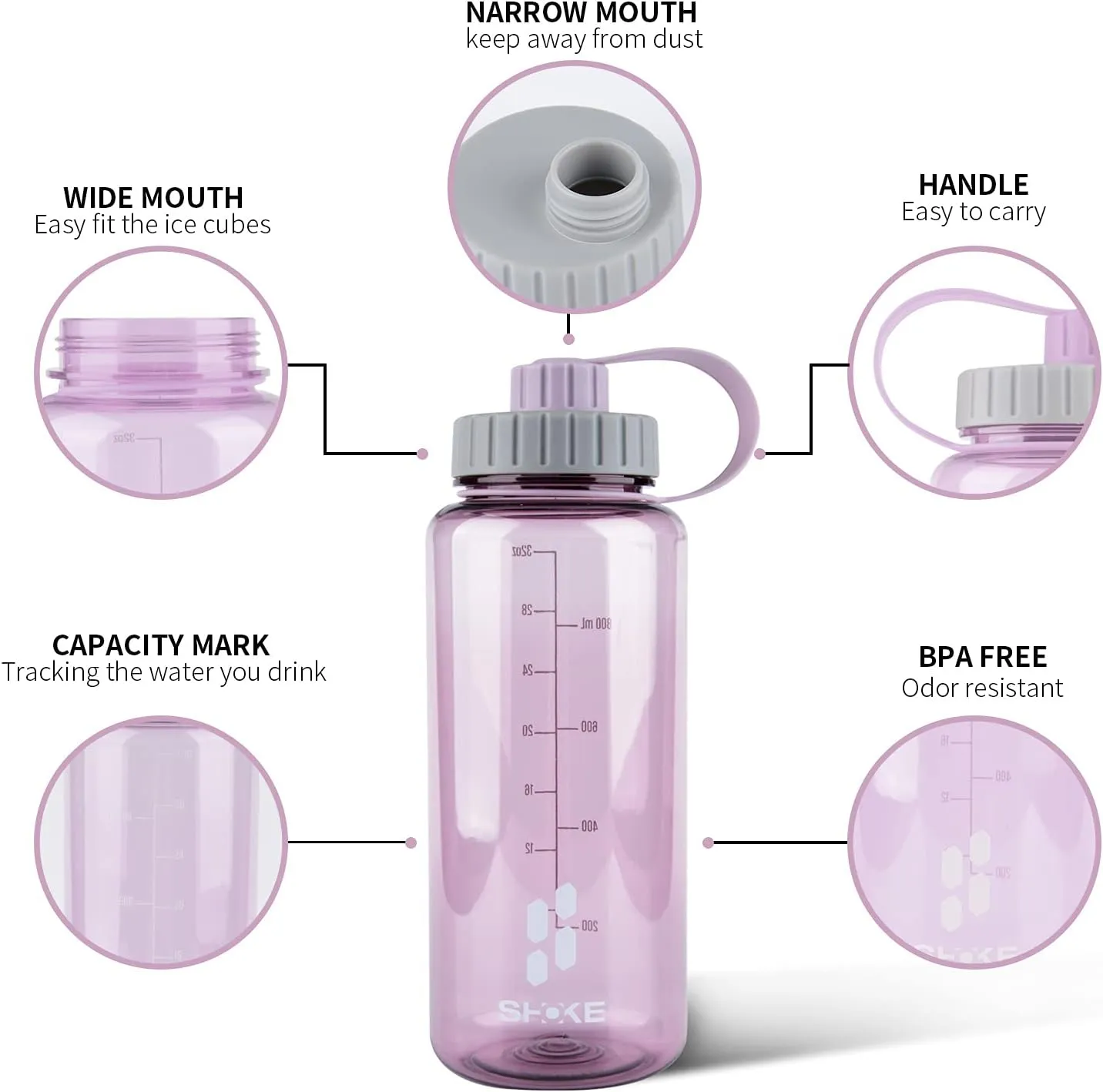 SHOKE Sport Water Bottle 1L 32oz Wide Mouth for Hicking (purple 50pcs stickers)