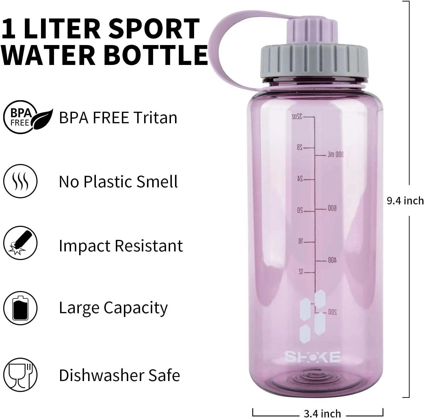 SHOKE Sport Water Bottle 1L 32oz Wide Mouth for Hicking (purple 50pcs stickers)