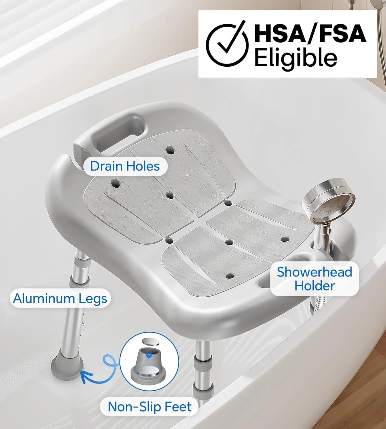 Shower Chair for Inside Shower, FSA/HSA Eligible, Adjustable Shower Stool with Strong Non-Slip Feet, 350 lbs Shower Seat for Inside Tub, Bench Bath Chair for Elderly and Disabled, Grey