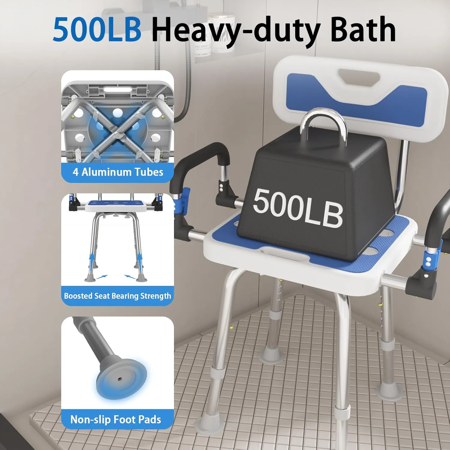 Shower Chair for Seniors Elderly Handicap Disabled Or Bariatric Adults Heavy Duty 500 Lbs Adjustable Stool with Arms and Back Bench Seat for Inside Shower Stall and Bathroom Bath Tub Chairs