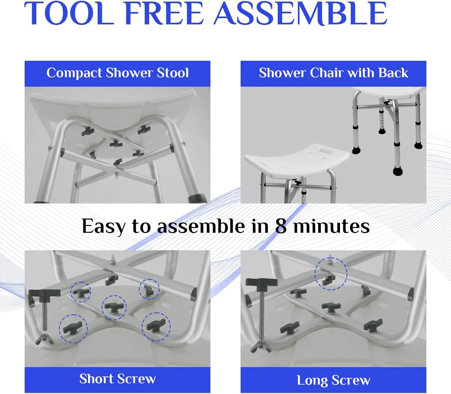 Shower Stool 350lbs Bath Seat Chair, Tool-Free Assembly Height Adjustable Bath Bench with Padded Seat for Seniors, Elderly, Disabled, Handicap Stools (Shower Chair)
