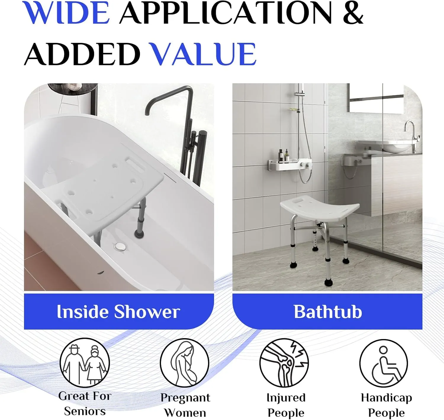 Shower Stool 350lbs Bath Seat Chair, Tool-Free Assembly Height Adjustable Bath Bench with Padded Seat for Seniors, Elderly, Disabled, Handicap Stools (Shower Chair)