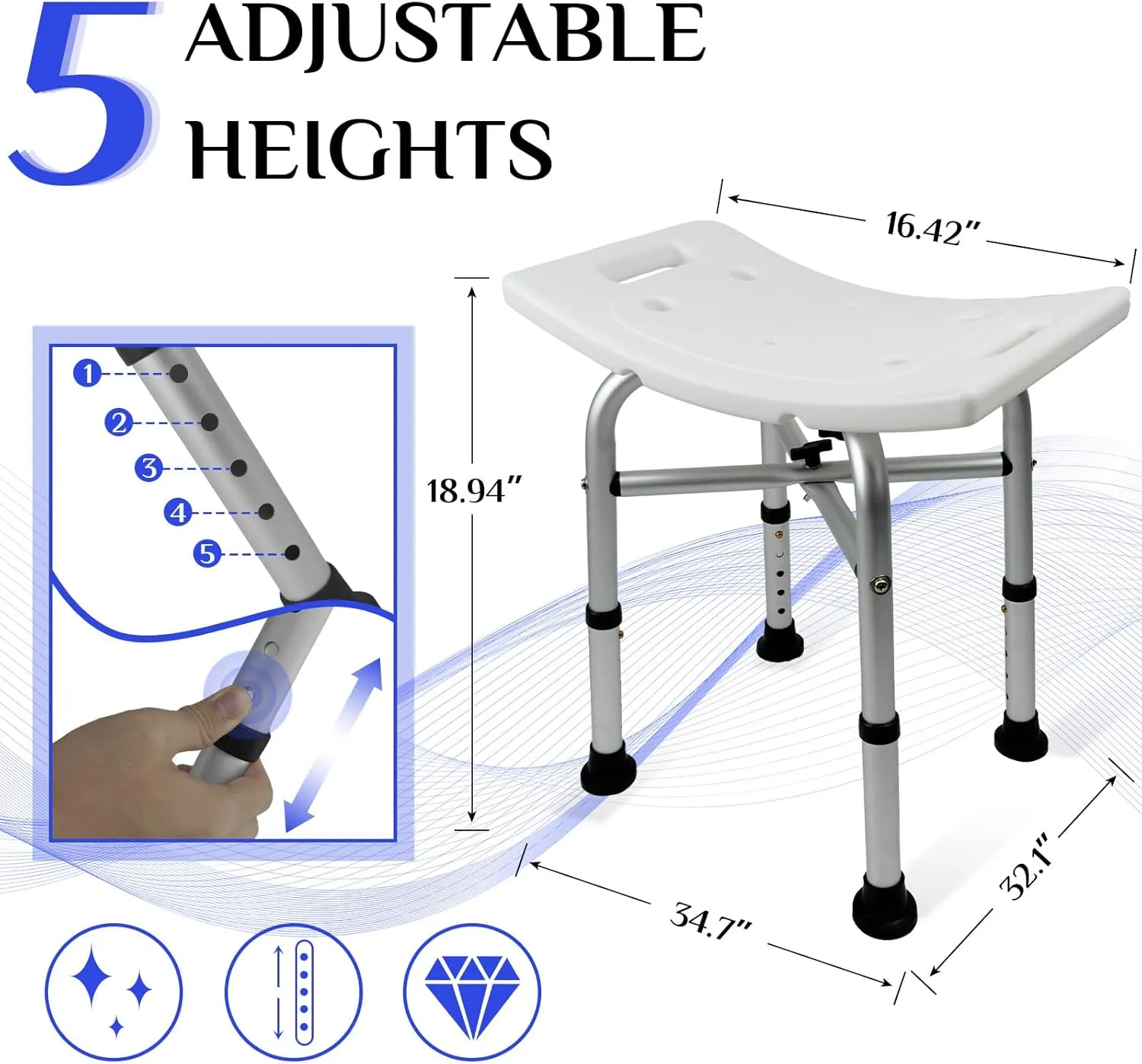 Shower Stool 350lbs Bath Seat Chair, Tool-Free Assembly Height Adjustable Bath Bench with Padded Seat for Seniors, Elderly, Disabled, Handicap Stools (Shower Chair)