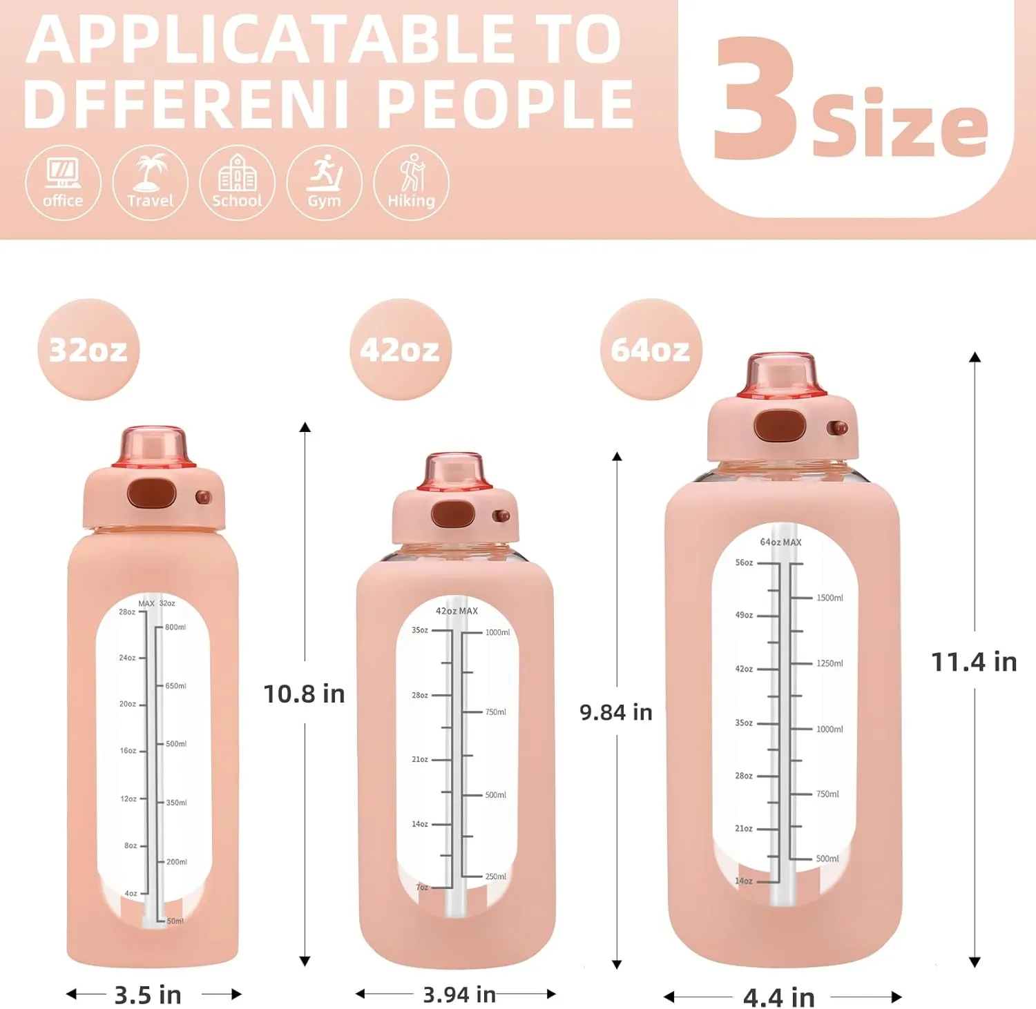 SIEROZUR 42 oz Glass Water Bottle with Straw and Handle, Large Sports Motivational Water Bottle Flask with Time Marker Leakproof Water Jug with Silicone Sleeve for Gym