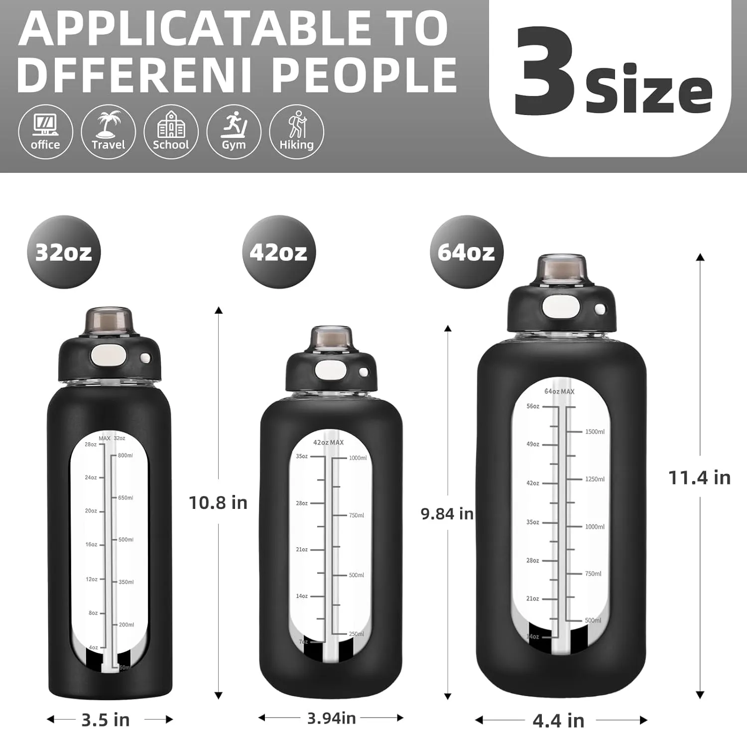 SIEROZUR 42 oz Glass Water Bottle with Straw and Handle, Large Sports Motivational Water Bottle Flask with Time Marker Leakproof Water Jug with Silicone Sleeve for Gym