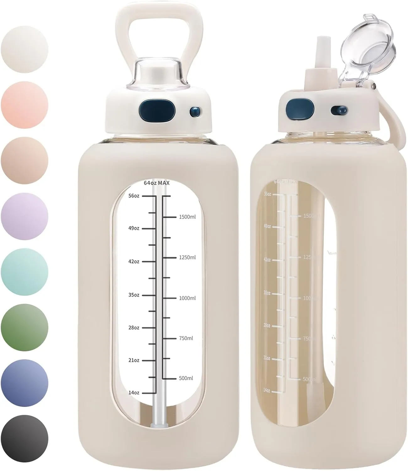 SIEROZUR 64 oz Glass Water Bottle with Straw and Handle Large Sports Motivational Bottle Flask with Time Marker Leakproof Jug with Silicone Sleeve for Gym