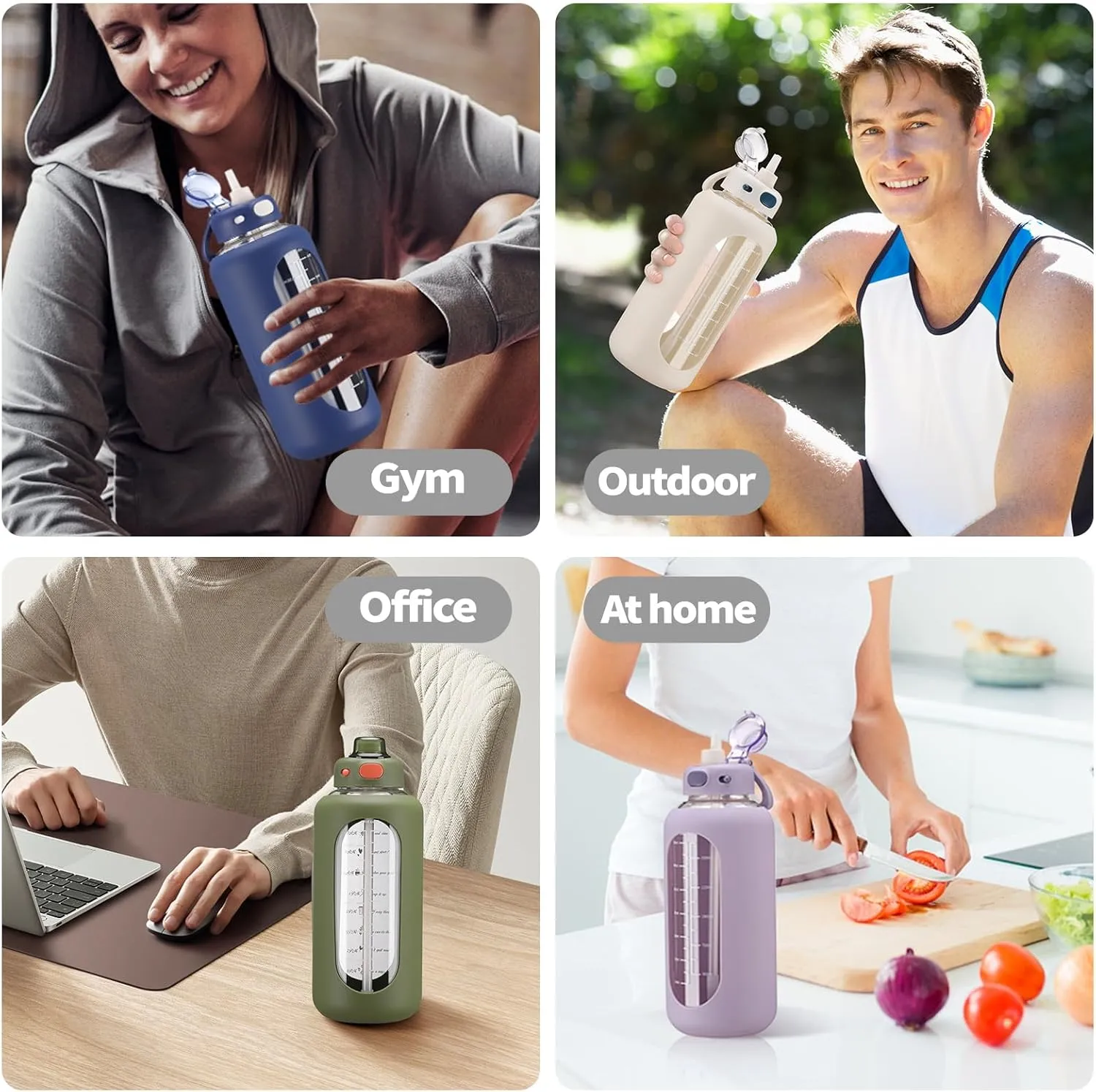 SIEROZUR 64 oz Glass Water Bottle with Straw and Handle Large Sports Motivational Bottle Flask with Time Marker Leakproof Jug with Silicone Sleeve for Gym