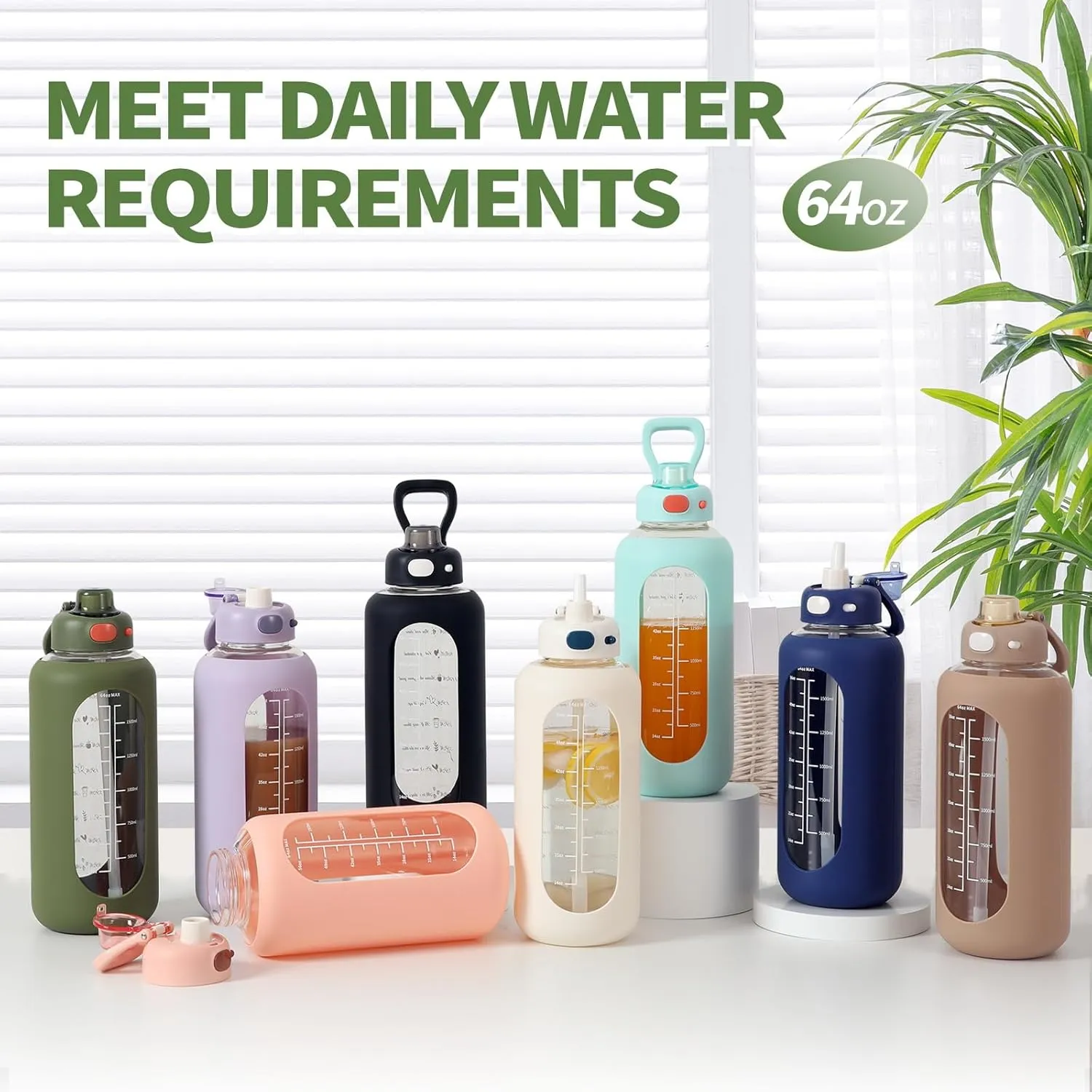 SIEROZUR 64 oz Glass Water Bottle with Straw and Handle Large Sports Motivational Bottle Flask with Time Marker Leakproof Jug with Silicone Sleeve for Gym